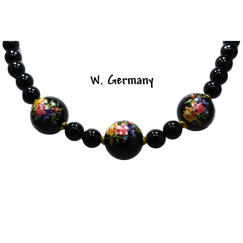 Vintage Black Lucite Beaded Necklace, Floral Accent Beads, W Germany, 1950s, 18”